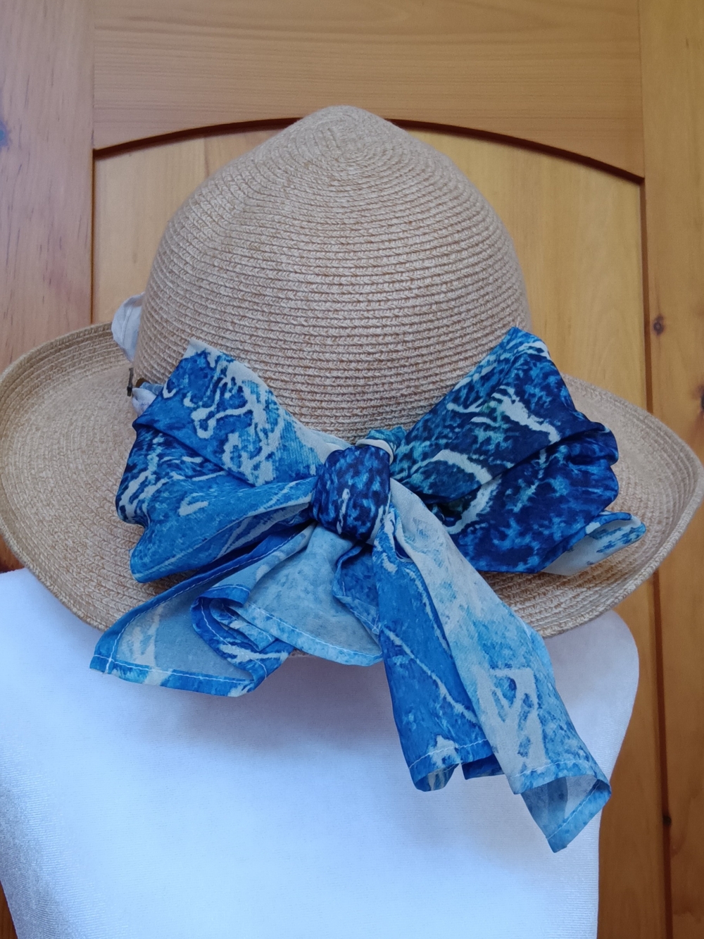 Women’s Straw Sun Hat with Blue Patterned Scarf Bow